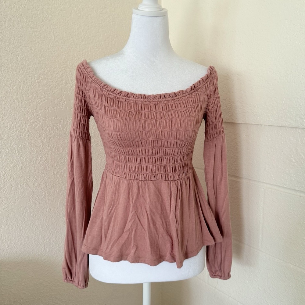Aeropostale Mauve Smocked Off-Shoulder Long Sleeve Top MC